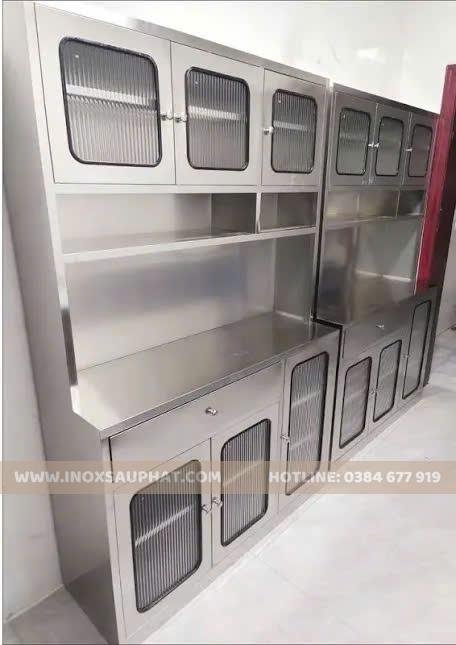 Tủ bếp inox treo tường kết hợp bàn sơ chế