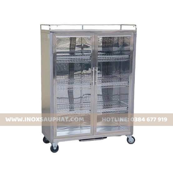 Tủ úp chén bát inox 2 cánh kính có bánh xe