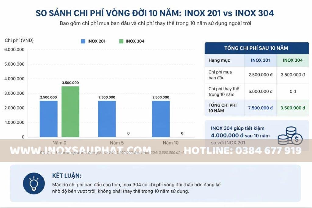 Biểu đồ chi phí vòng đời inox 201 vs 304 trong 10 năm