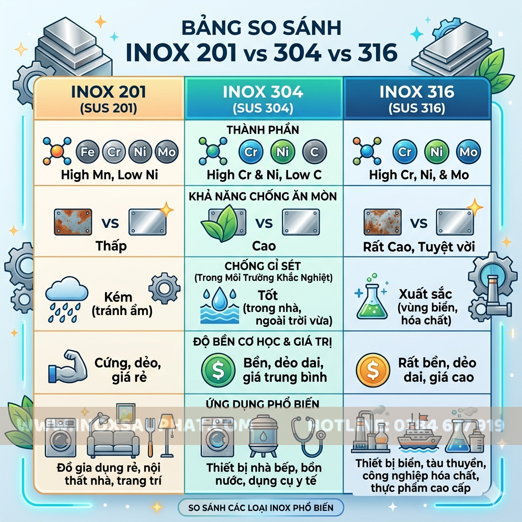 Infographic so sánh inox 201 304 316 thành phần độ bền giá thành