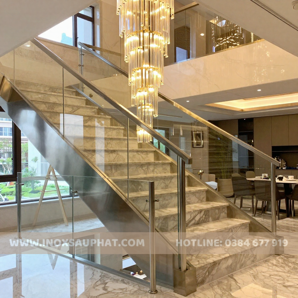 50 mẫu lan can inox đẹp – cầu thang kính inox sang trọng