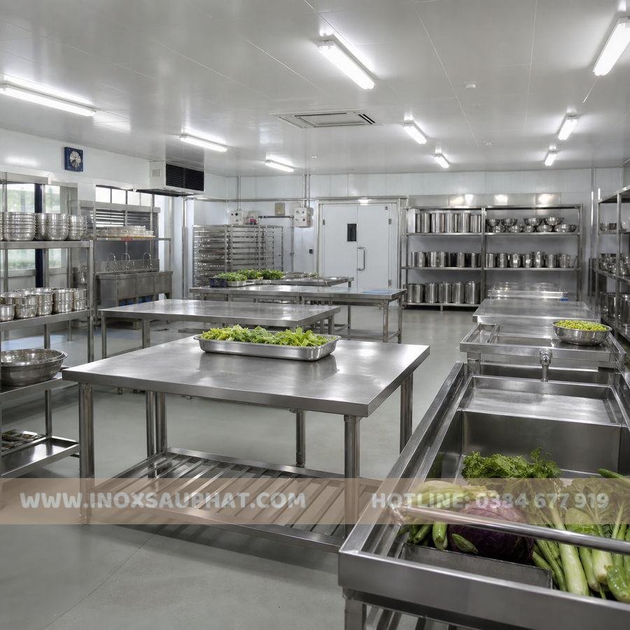 Thiết bị inox công nghiệp ngành thực phẩm trong bếp sản xuất