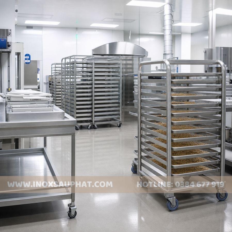 Xe đẩy và kệ inox công nghiệp trong phòng đóng gói thực phẩm