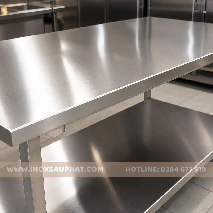Chi tiết bàn inox công nghiệp có kệ dưới sáng bóng