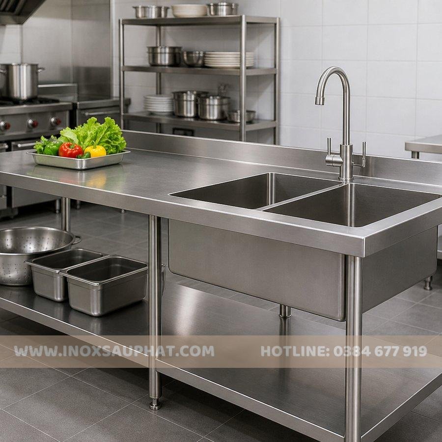 Bàn inox kết hợp bồn rửa inox trong bếp công nghiệp