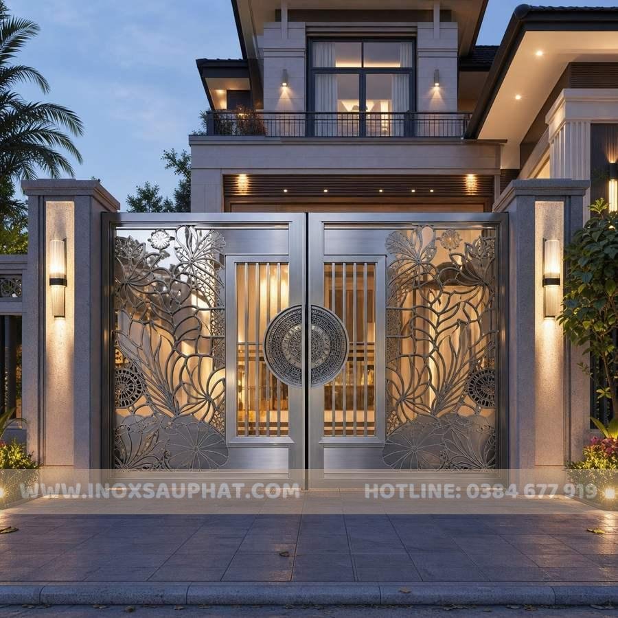 Cổng inox hoa văn CNC sang trọng cho biệt thự hiện đại