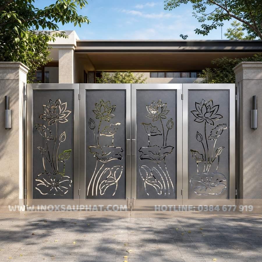 Mẫu cổng inox 4 cánh kết hợp hoa văn CNC luxury