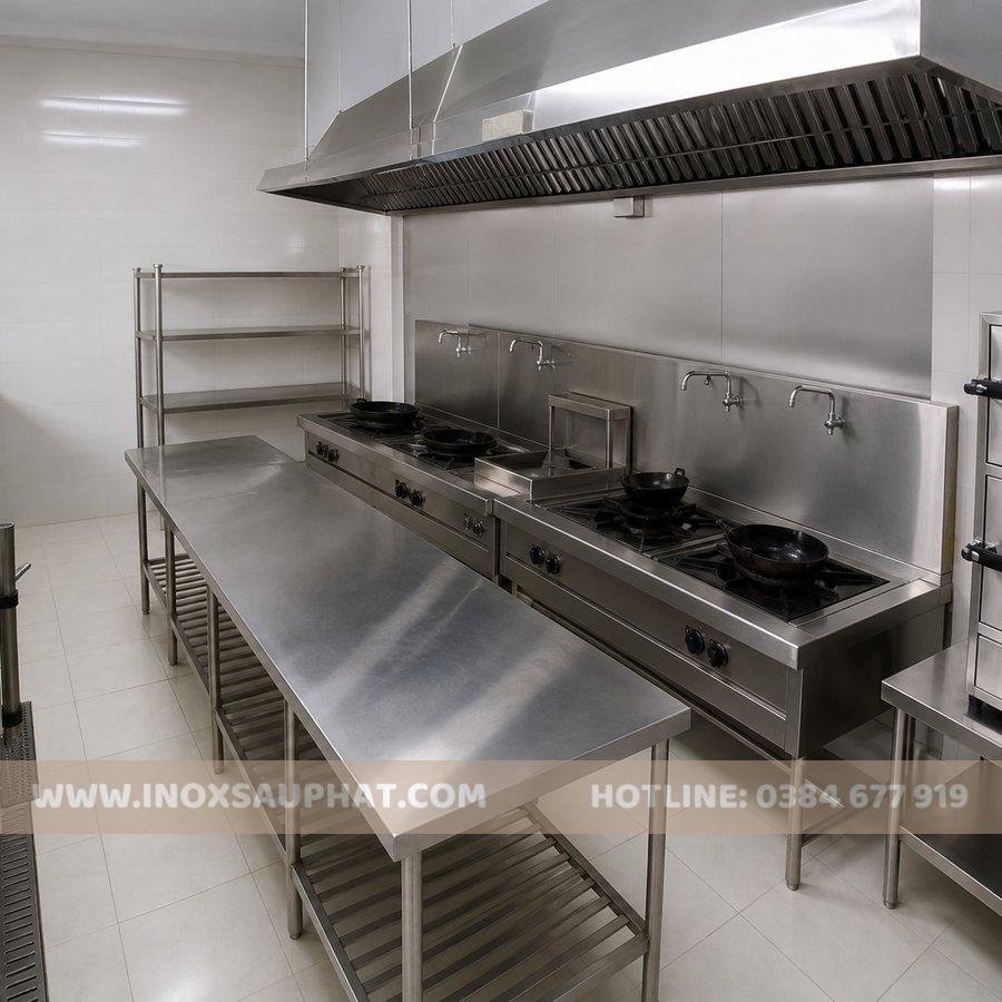 Bếp inox công nghiệp với bàn inox bồn rửa inox và chụp hút khói