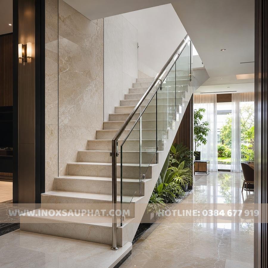 Mẫu tay vịn cầu thang inox kết hợp kính cường lực cho biệt thự