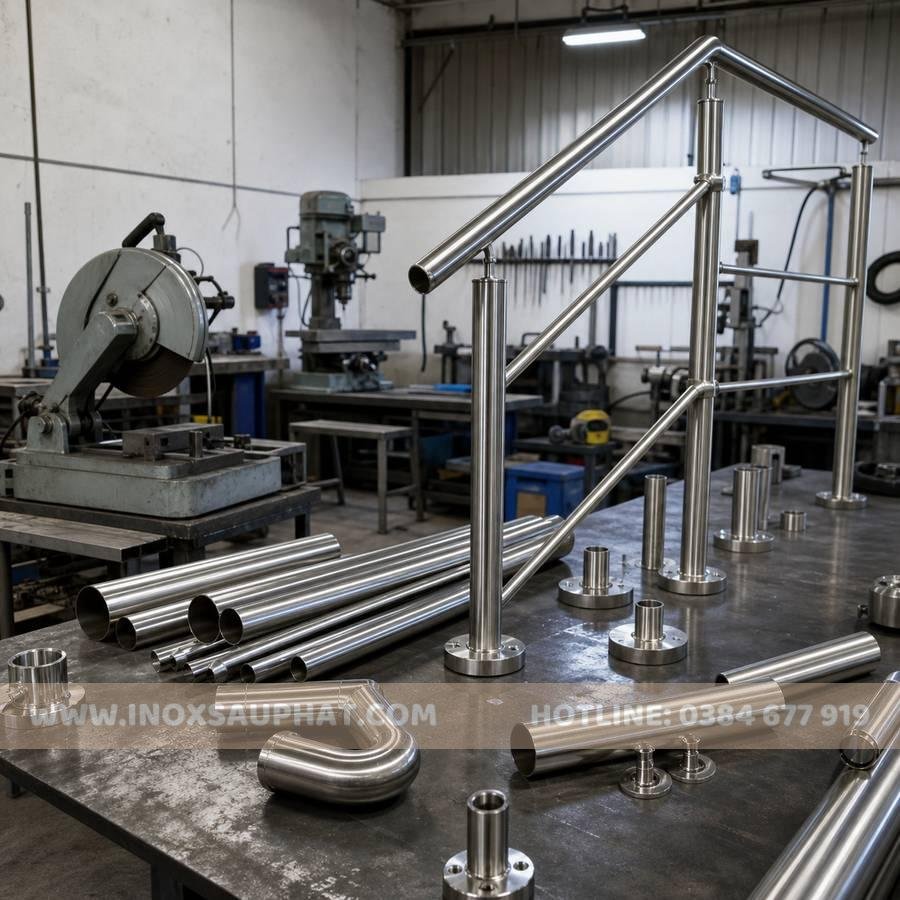 Gia công tay vịn cầu thang inox tại xưởng Inox Sáu Phát