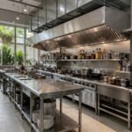 Bếp inox công nghiệp nhà hàng với bàn chậu bếp và chụp hút inox