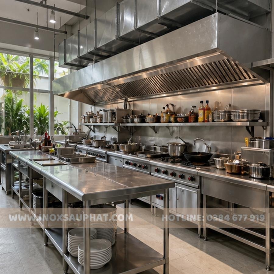 Bếp inox công nghiệp nhà hàng với bàn chậu bếp và chụp hút inox