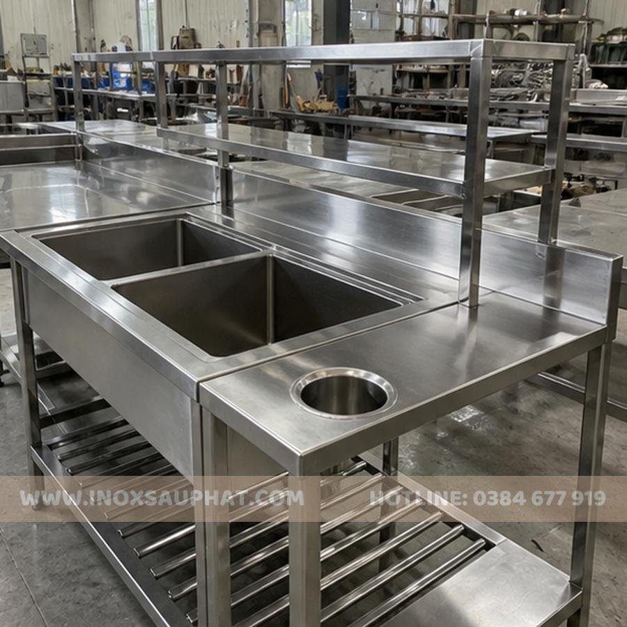 Chi tiết bàn chậu kệ inox 304 cho bếp inox công nghiệp