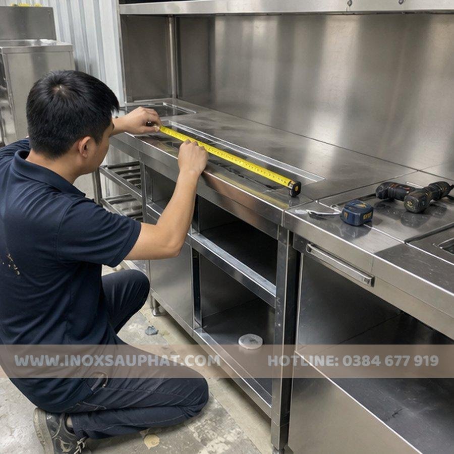 Thi công lắp đặt bếp inox công nghiệp theo mặt bằng thực tế