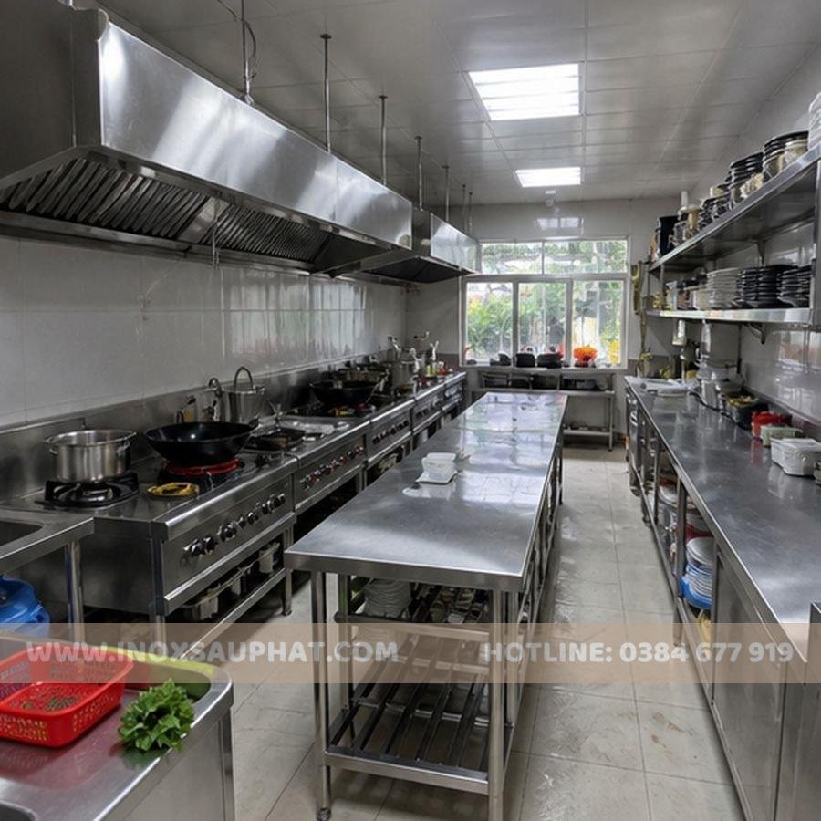 Bố trí khu sơ chế rửa nấu và ra món trong bếp inox công nghiệp