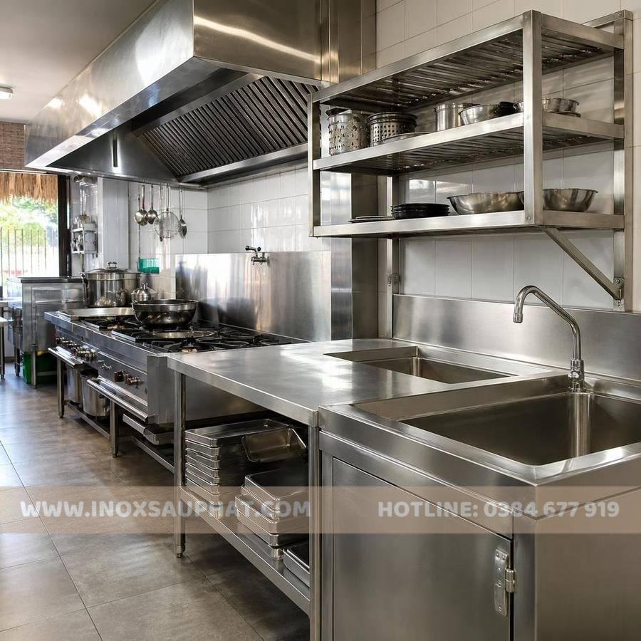 Thiết bị bếp inox công nghiệp gồm bàn inox chậu rửa inox và kệ inox