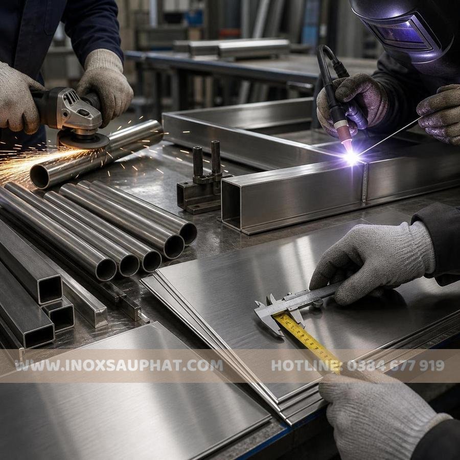 Quy trình đo cắt hàn vật liệu inox 201 304 316 tại xưởng