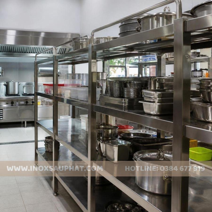 Kệ inox công nghiệp nhiều tầng trong bếp nhà hàng chuyên nghiệp