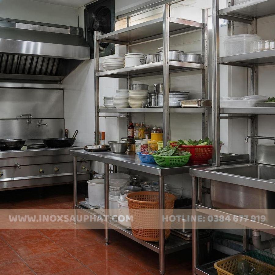 Kệ bếp inox công nghiệp gia công theo kích thước cạnh bếp và chậu rửa
