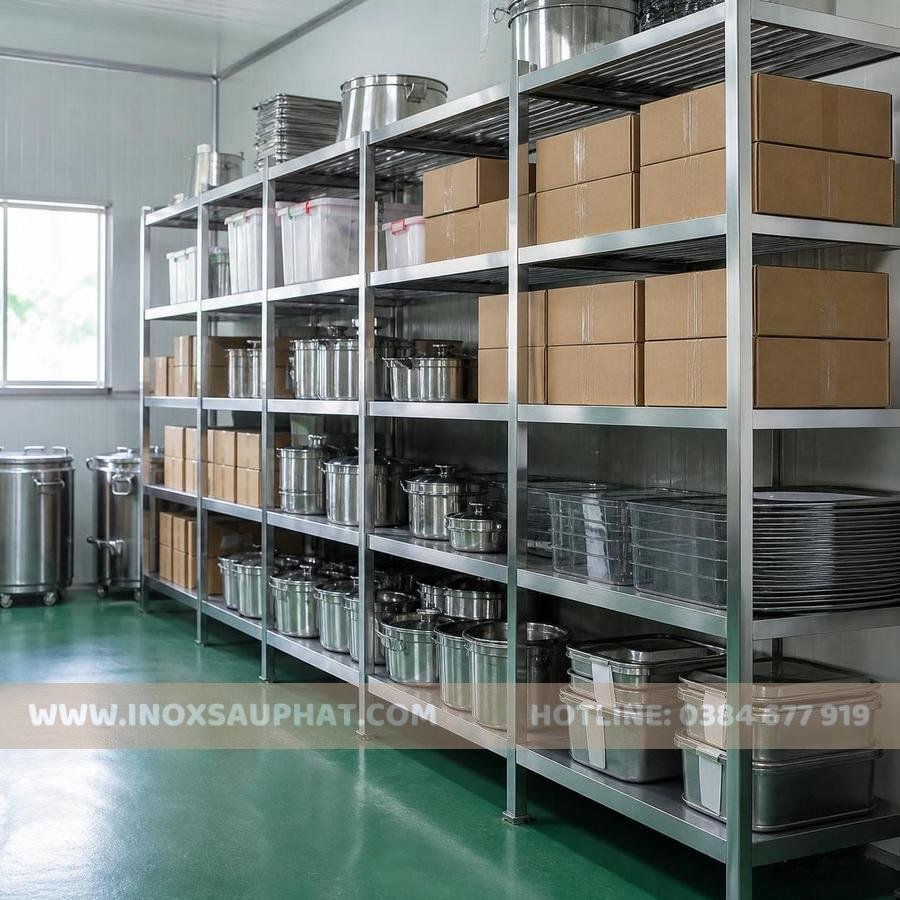 Kệ kho inox công nghiệp chịu tải cho khu thực phẩm và dụng cụ bếp