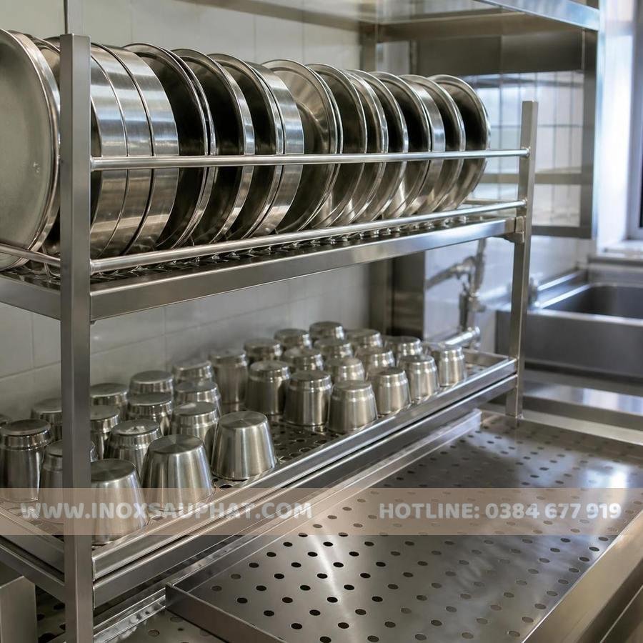 Kệ úp chén inox công nghiệp thoát nước trong khu rửa chén