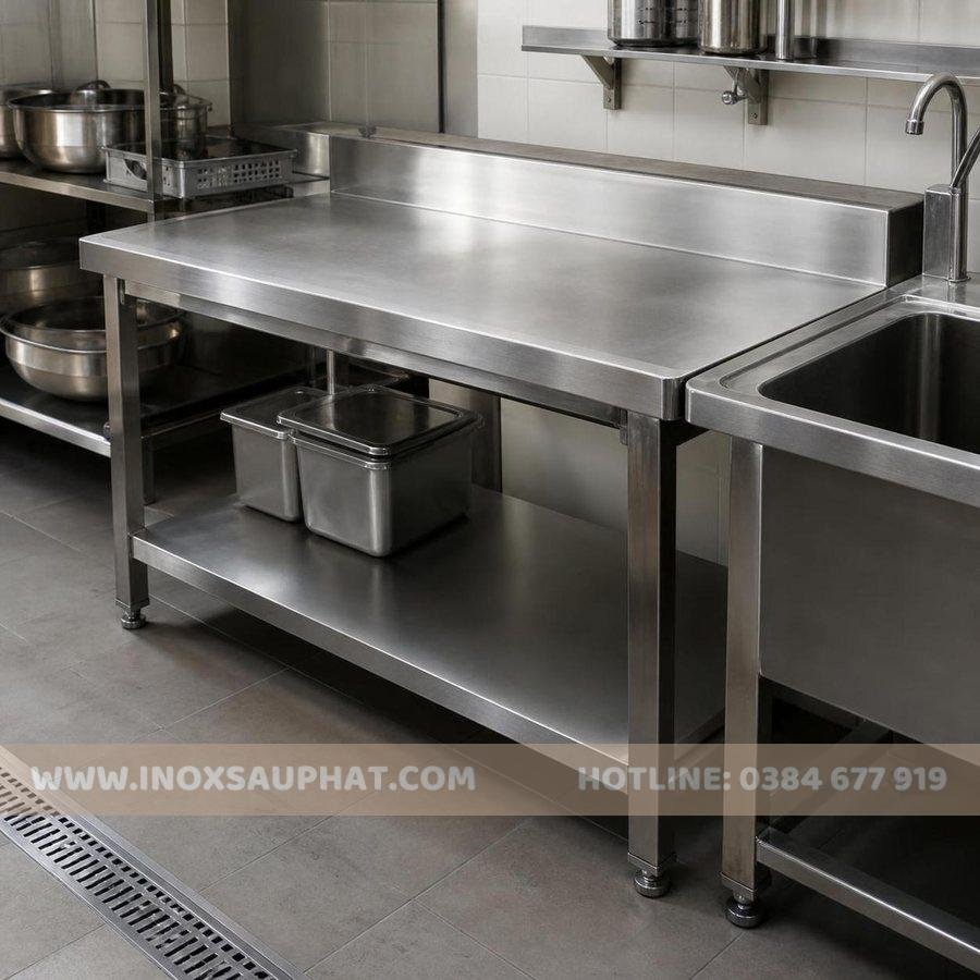 Bàn inox công nghiệp chậu rửa inox và kệ inox trong bếp nhà hàng