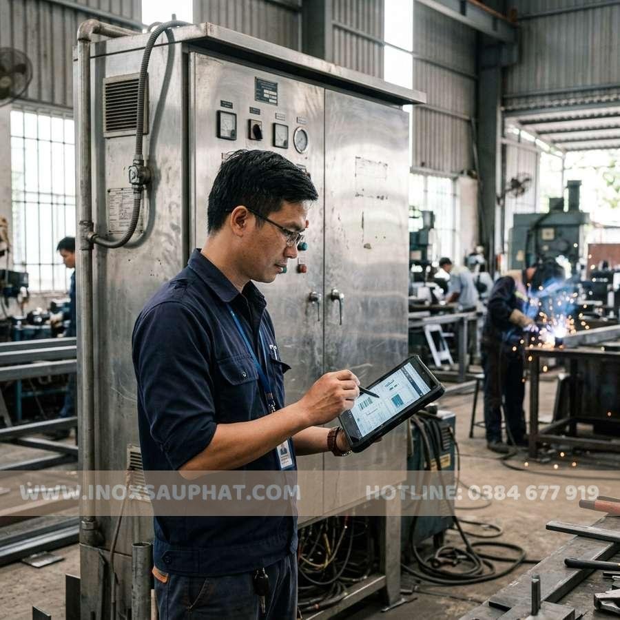 Kỹ sư kiểm tra tủ inox tại xưởng gia công TPHCM