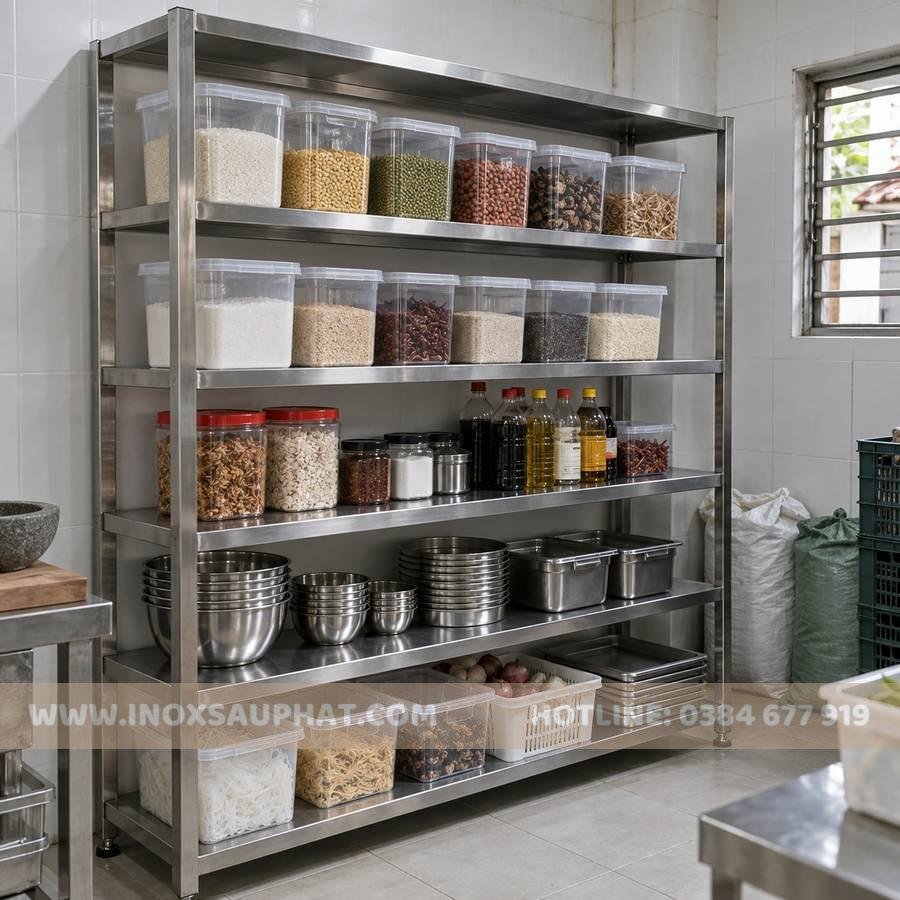 Kệ inox 5 tầng phẳng lưu trữ nguyên liệu trong kho nhà hàng