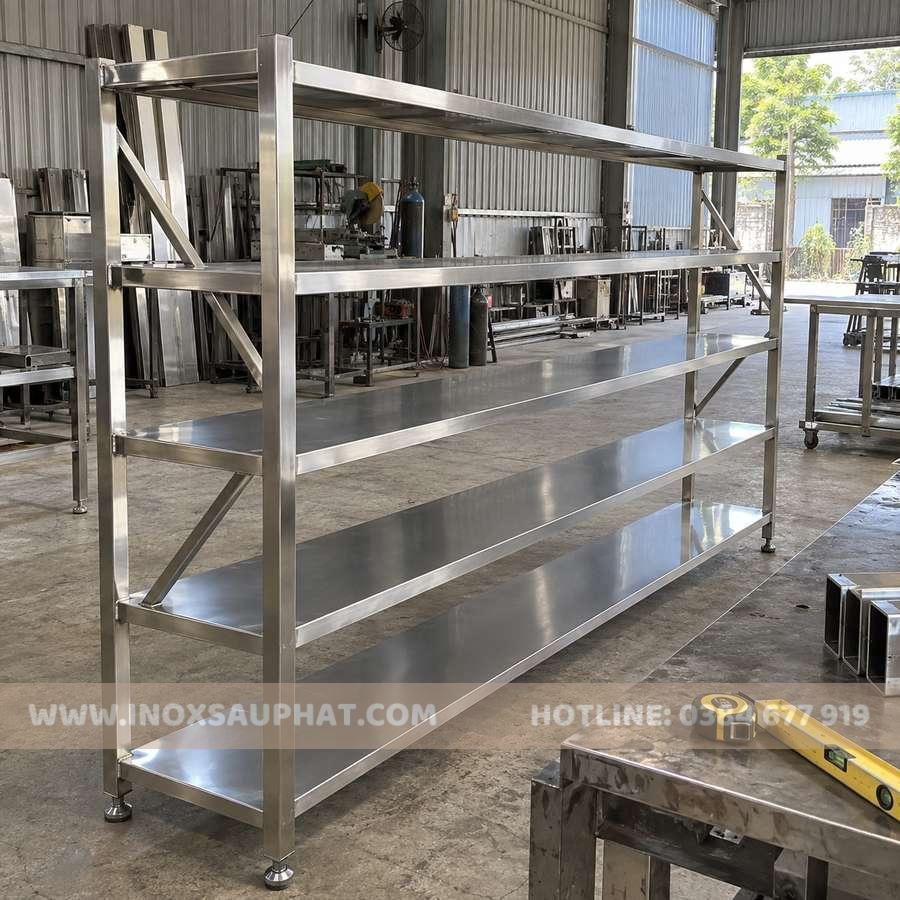 Kệ inox 5 tầng dài có giằng và chân tăng chỉnh tại xưởng