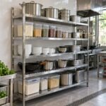 Kệ inox 5 tầng phẳng và song dài trong bếp nhà hàng