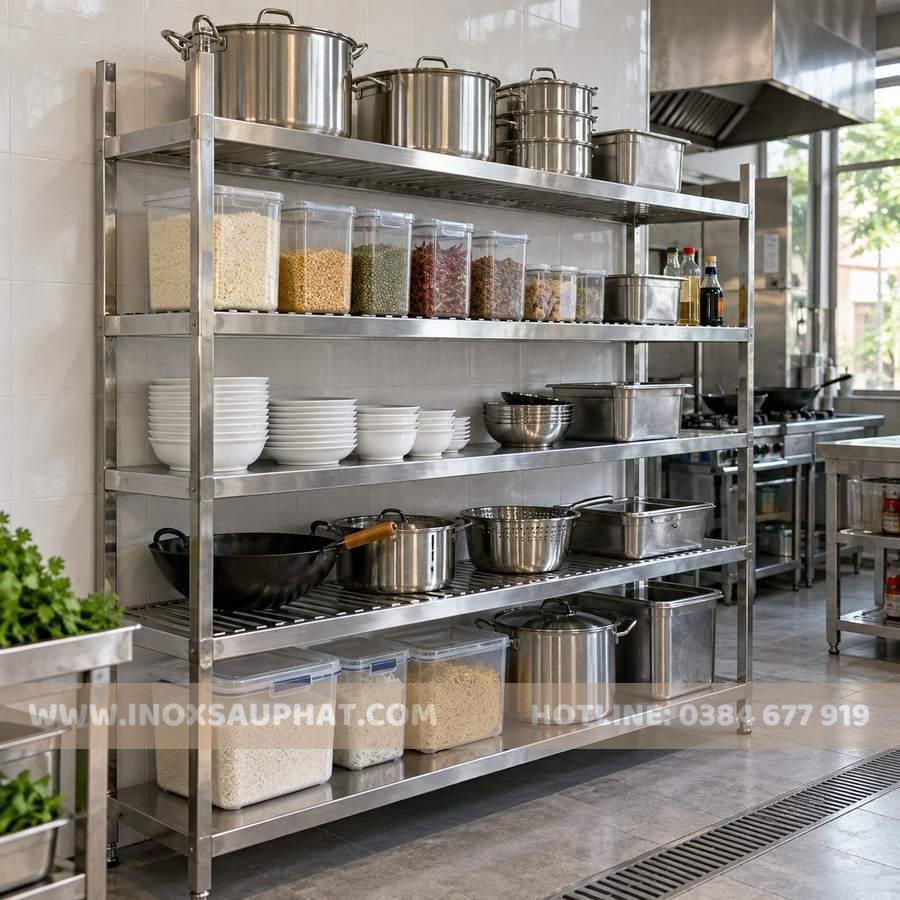 Kệ inox 5 tầng phẳng và song dài trong bếp nhà hàng