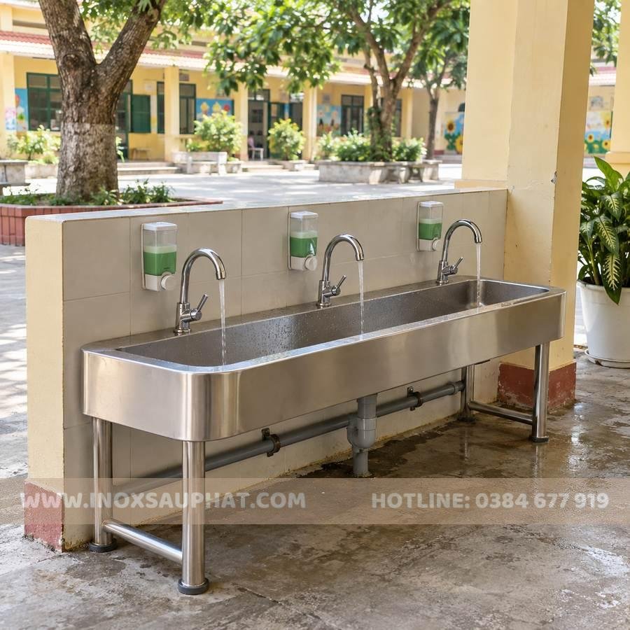 Máng rửa tay học sinh dài 1,5m có ba vòi tại sân trường