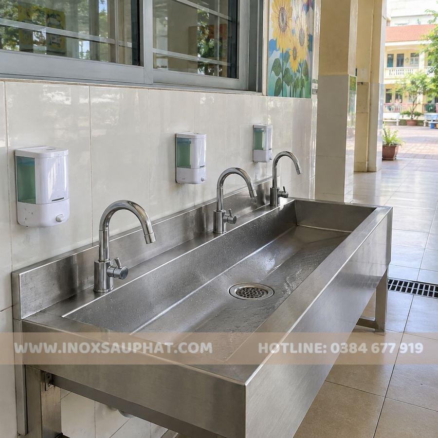 Chi tiết máng rửa tay inox ba vòi với lòng máng và lỗ thoát