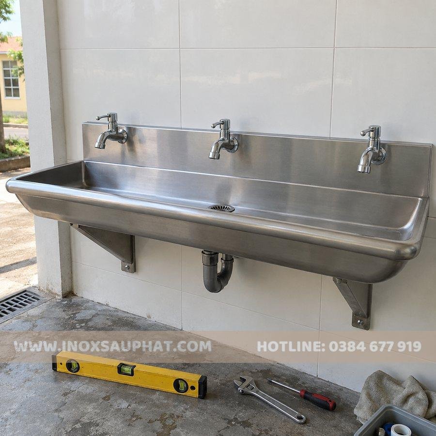 Kiểm tra máng rửa tay inox treo tường ba vòi trước bàn giao