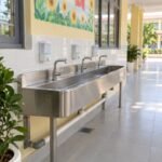 Máng rửa tay inox ba vòi cho học sinh tại hành lang trường học
