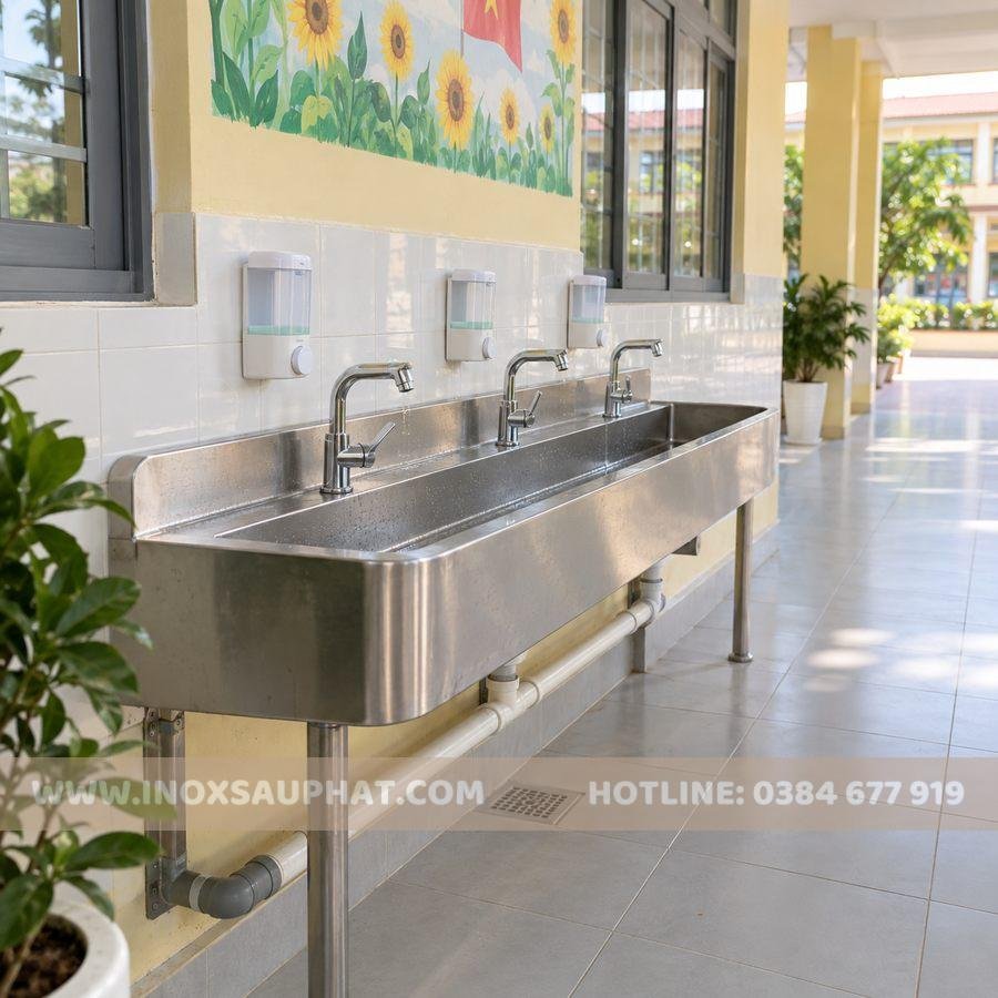 Máng rửa tay inox ba vòi cho học sinh tại hành lang trường học