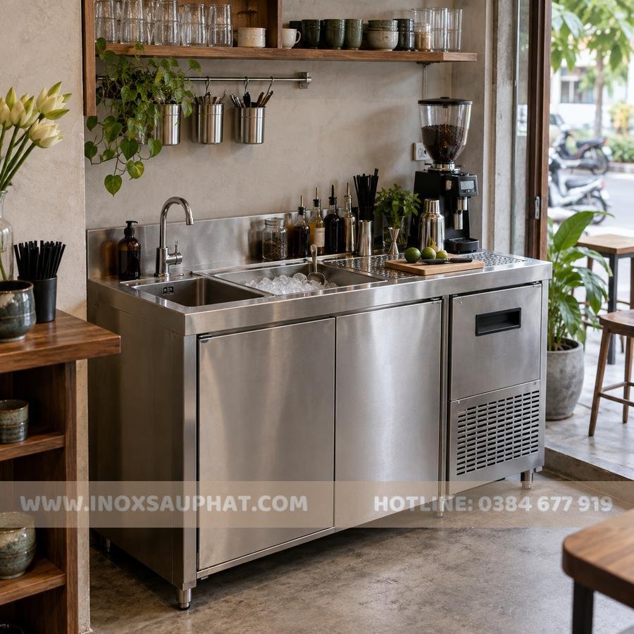 Quầy bar inox mini 1m2 bố trí chậu rửa và thùng đá cho quán nhỏ