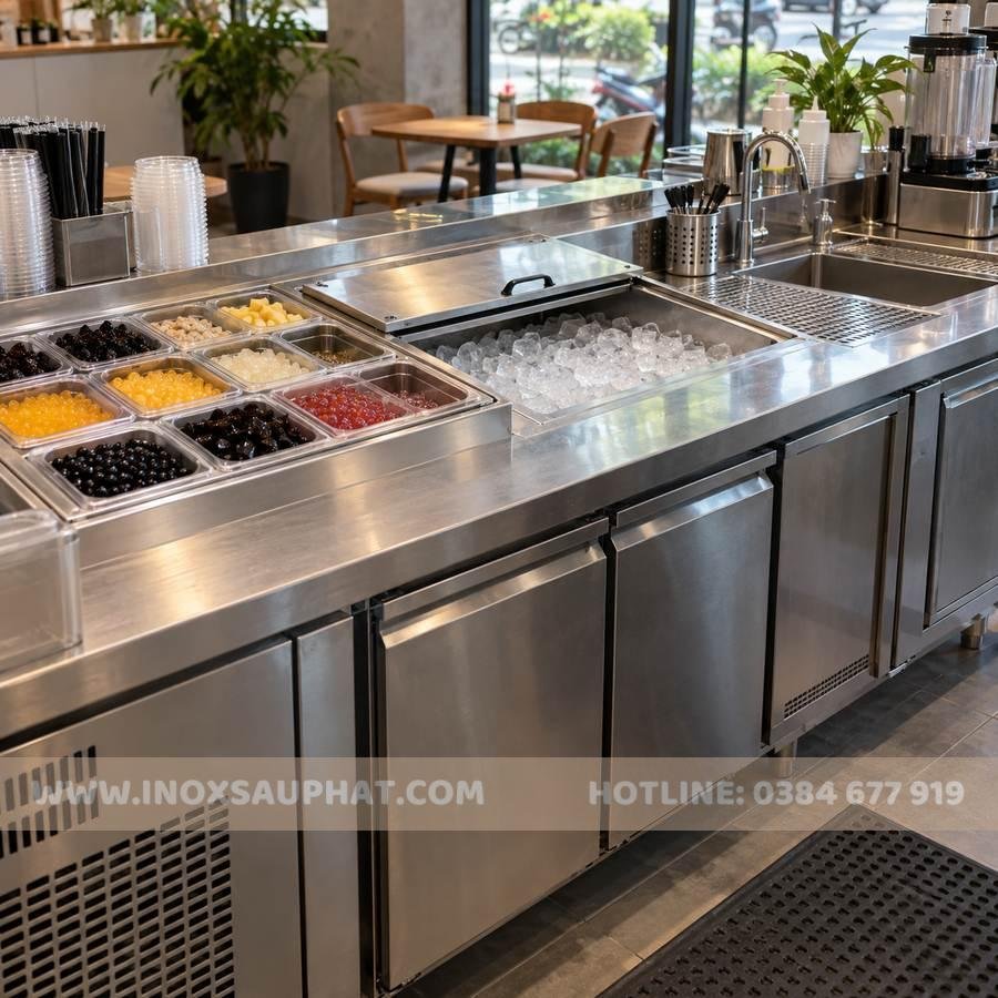 Quầy pha chế inox 1m8 với khay topping và khu thao tác