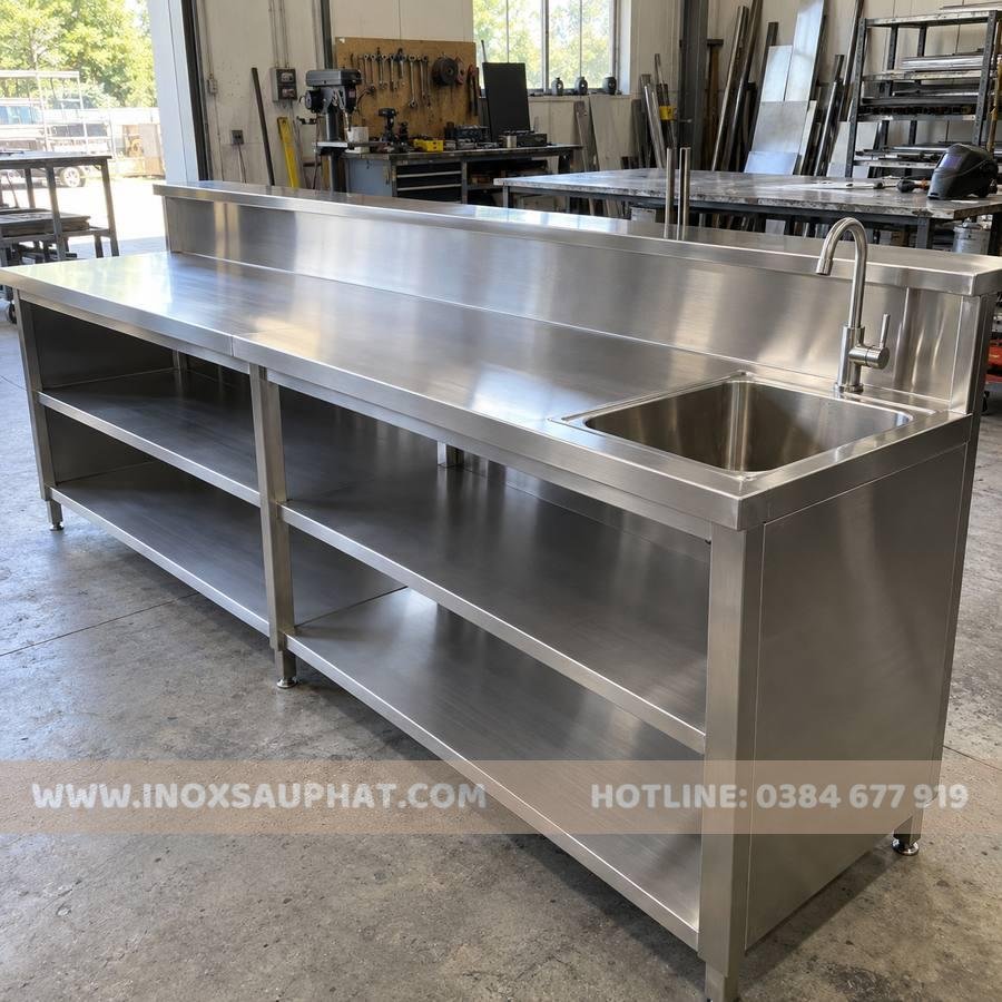 Gia công quầy pha chế inox tại xưởng với kệ và chậu rửa