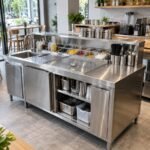 Quầy pha chế inox có chậu rửa, khay topping và kệ dưới trong quán cà phê