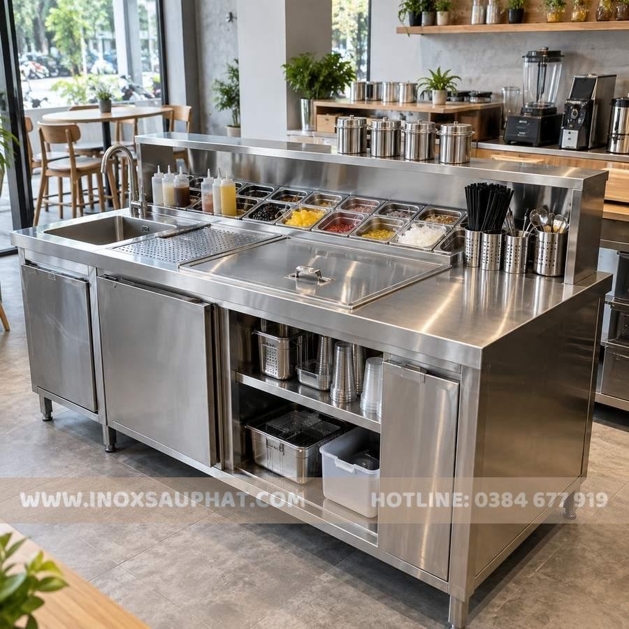 Quầy pha chế inox có chậu rửa, khay topping và kệ dưới trong quán cà phê