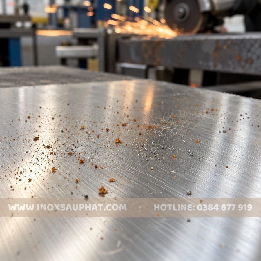 Chấm gỉ do hạt sắt bám trên bề mặt tấm inox trong xưởng