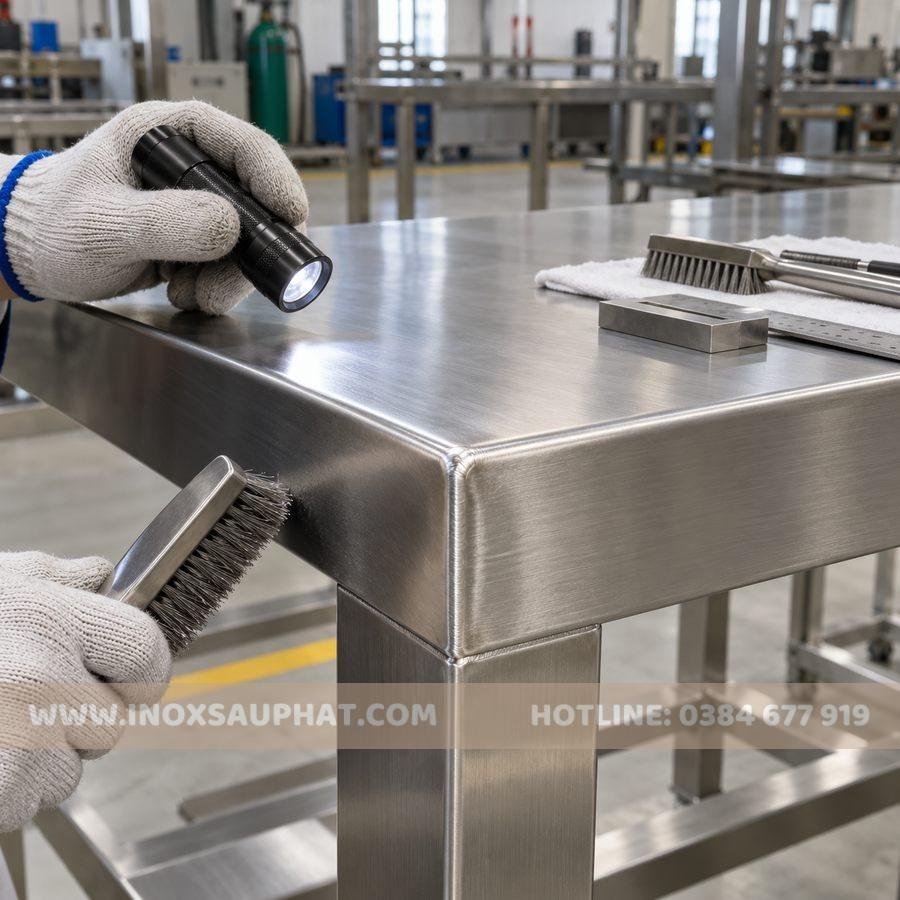 Kiểm tra bề mặt và mối hàn inox trước khi bàn giao