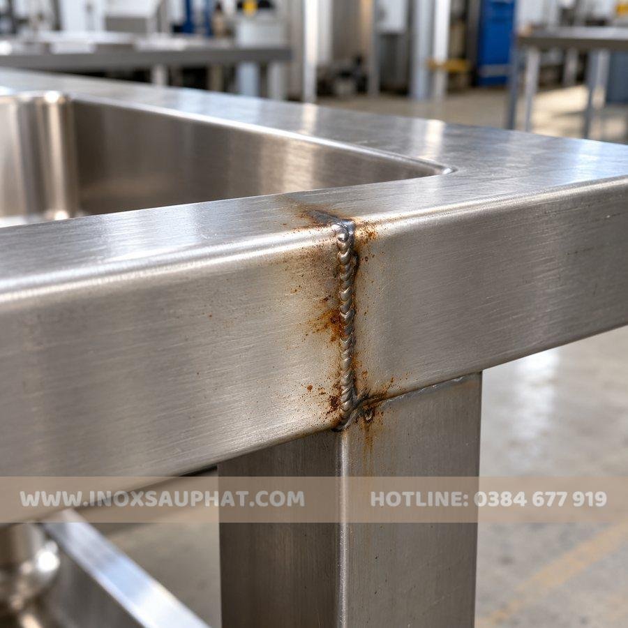 Vết nâu quanh mối hàn trên sản phẩm inox 304 sau gia công