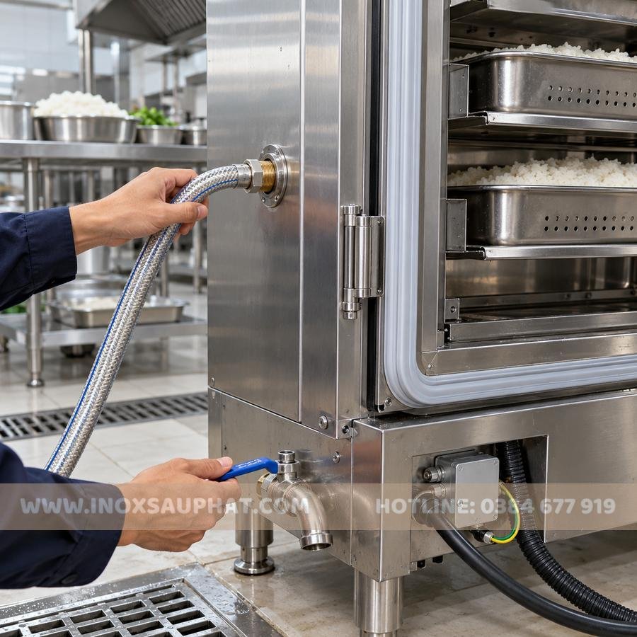 Kiểm tra cấp nước và lắp đặt tủ hấp cơm công nghiệp