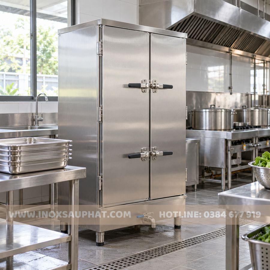 Tủ hấp cơm công nghiệp 8 khay trong bếp ăn